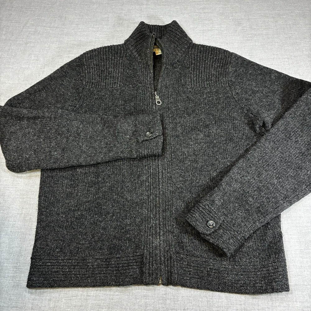 Eddie Bauer Full Zip Cardigan Mens Gray 100% Lambswool Rib Knit Sweater Medium
